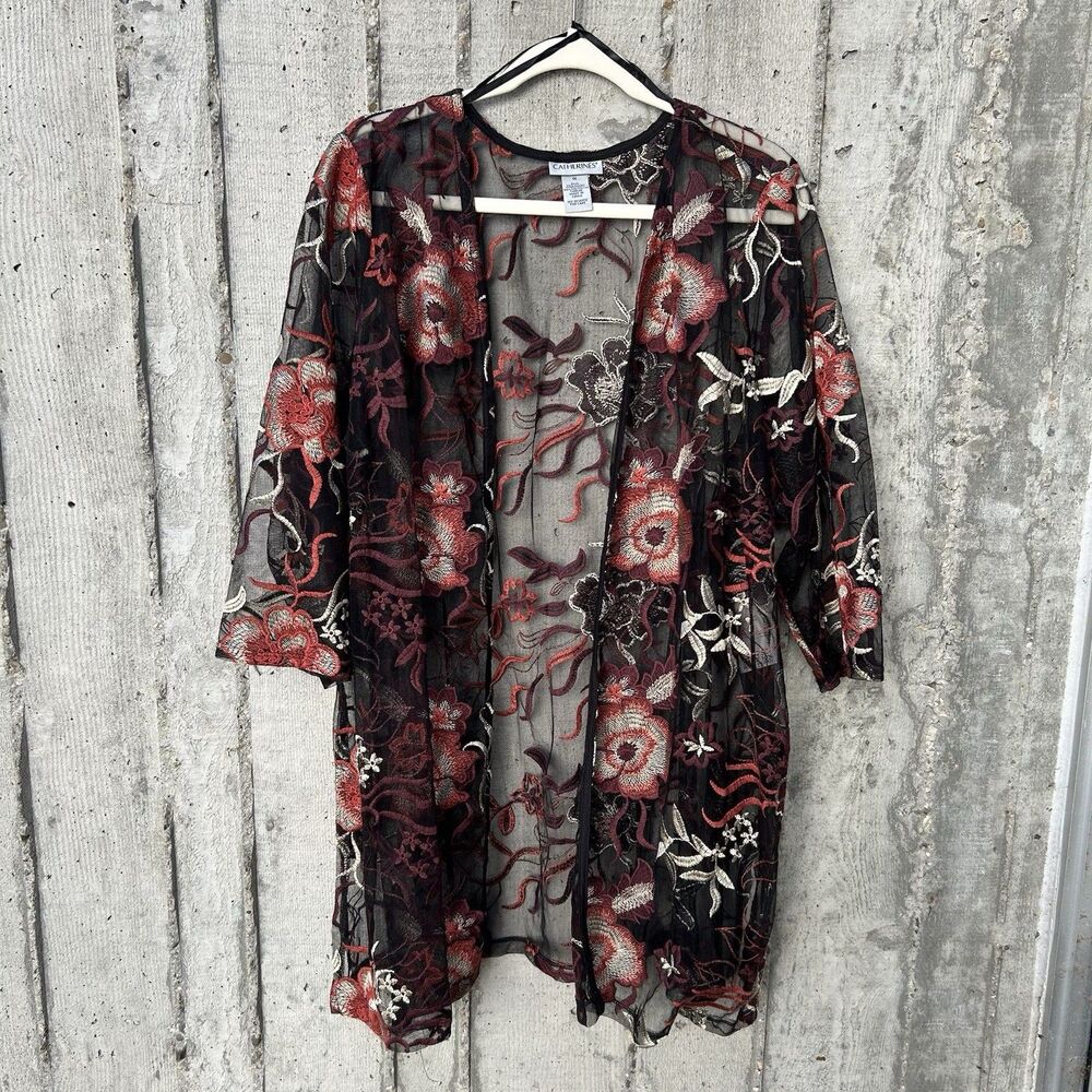 Catherines Floral Embroidered Sheer Lace Open Front Cardigan Kimono Holiday 1X